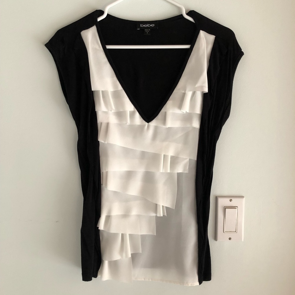 Bebe Ruffled Tuxedo Front V Neck Top